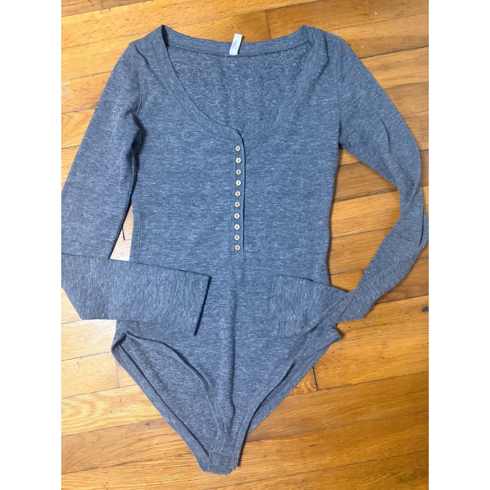 Free People Grey Long Sleeve Henley Bodysuit S one piece capsule wardrobe basics